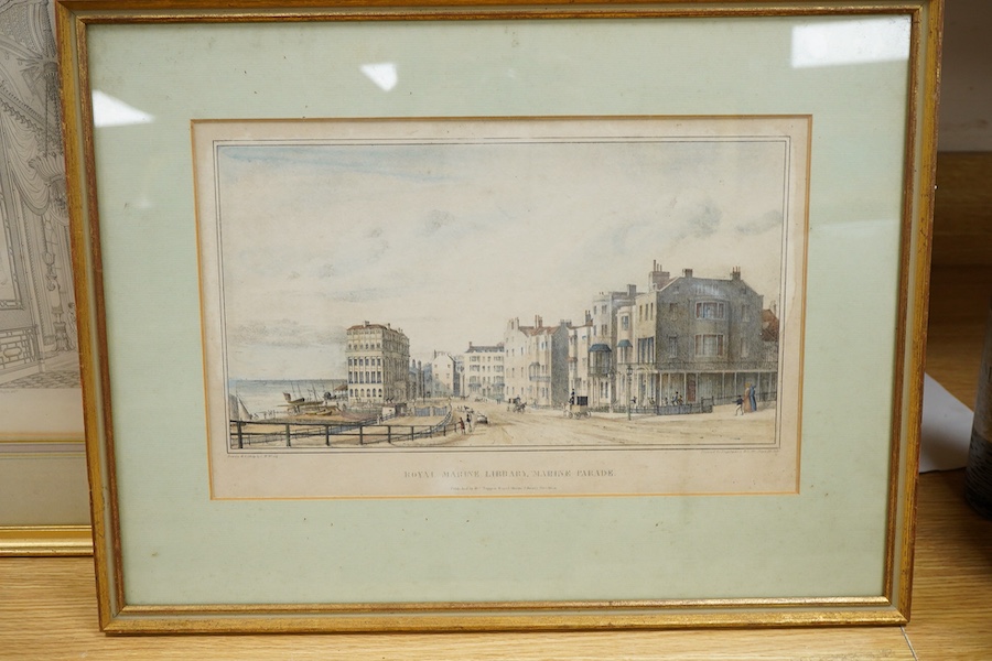 Two Brighton interest prints, comprising: After C W Wing, Royal ‘Marine Library, Marine Parade’, published by William Tuppen, and ‘Pavilion Banqueting Room’, published 1st December 1824 by John Nash, largest 30 x 40cm